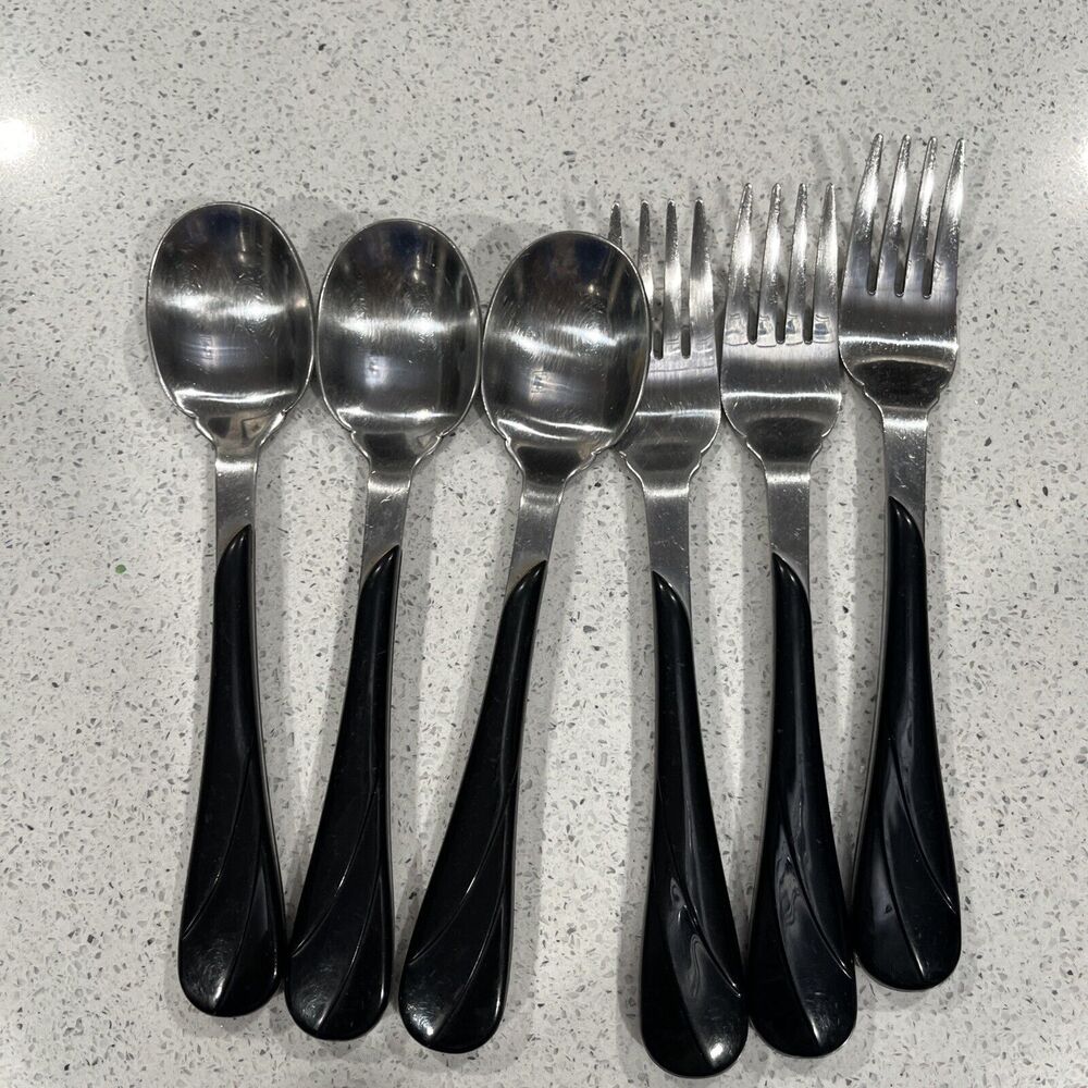 Vintage MCM fiesta Black Swirl Stainless Plastic Handle Flatware 6 Piece